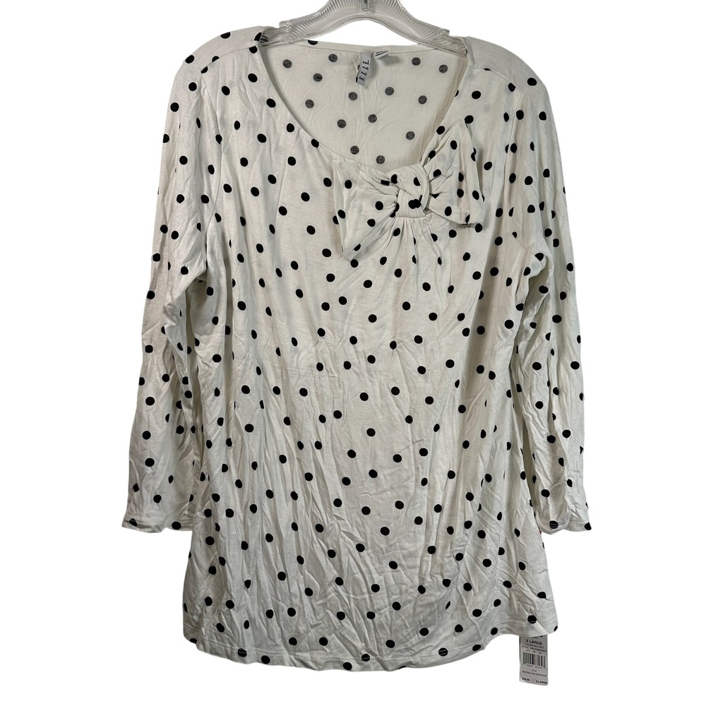 ELLE Womens Polka Dot Bow Neck Long Sleeve Rayon Top White Black XL